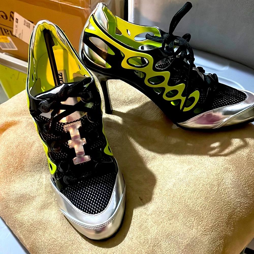 Zigi Boho booties lime green silver chrome and black.  To the future style.